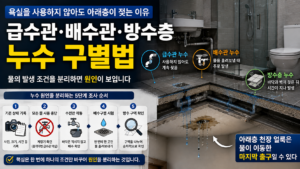 욕실을 사용하지 않았는데도 아래층 천장이 젖는 이유를 설명합니다. 수도계량기, 배수구별 사용시험과 바닥 반응으로 급수관·배수관·방수층 누수를 구별하는 방법입니다.