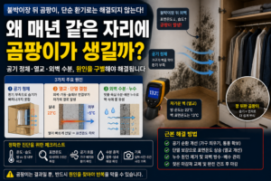 붙박이장 뒤 곰팡이가 반복되는 원인을 알아봅니다. 방과 장 내부의 습도, 외벽 표면온도와 곰팡이 모양을 비교해 공기 정체·단열 결함·외벽 누수를 구별하는 진단법입니다.