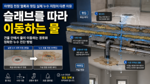 아랫집 천장 얼룩과 윗집 실제 누수 지점이 다른 이유를 설명합니다. 물이 바닥 마감층·슬래브 균열·배관 관통부·천장틀을 따라 이동하는 경로와 정확한 조사 순서를 확인하세요.