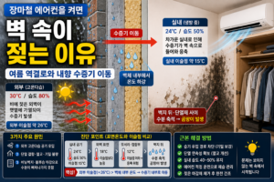 장마철 냉방 중 외벽과 벽지 뒤가 젖는 이유를 설명합니다. 외부 고온다습 공기, 비에 젖은 외장재, 비닐벽지와 에어컨이 만드는 여름 역결로를 구별하는 방법입니다.