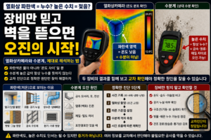 열화상카메라의 파란색과 수분계 높은 수치가 반드시 누수를 뜻하지 않는 이유를 설명합니다. 열교·외풍·금속·염류·증발냉각을 구분하는 교차진단법입니다.