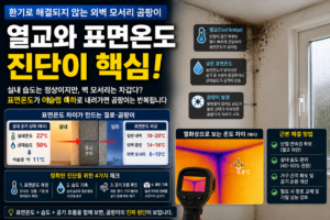 외벽 모서리 곰팡이가 환기 후에도 재발하는 이유를 설명합니다. 실내 습도와 표면온도·이슬점을 비교해 열교, 공기 정체, 외풍과 누수를 구별하는 방법입니다. 카테고리