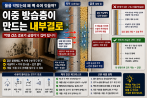 방습층을 여러 겹 시공했는데 벽지 뒤 곰팡이와 내부결로가 생기는 이유를 설명합니다. 비닐벽지·은박 단열재·방수도막이 벽의 건조 경로를 막는 과정을 확인하세요.