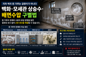 지하 벽의 흰 가루가 곰팡이인지 백화인지 구별하는 방법을 설명합니다. 발생 높이·강우 반응·균열 위치를 통해 모세관 상승수와 배면수압 누수를 판별하는 실전 진단법입니다.
